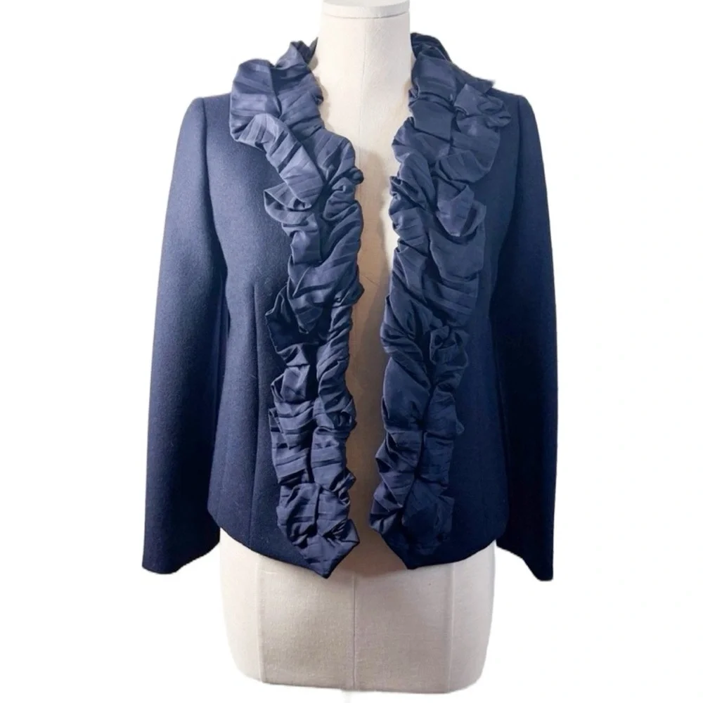 J.Crew Navy Ruffle Blazer Size 0 Feminine Statement Career Jacket Preppy Chic